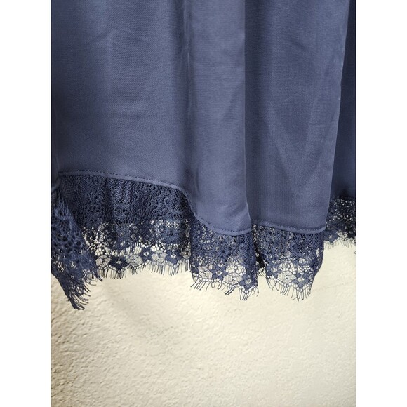 LC Lauren Conrad Top Medium Slate Blue Pleated Chiffon Lace Hem Tie Back Blouse - Picture 2 of 9